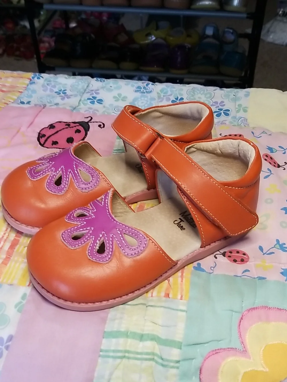 Matilda Jane Livie Luca Orange Leather Mary Jane w/Purple Flower Size 12 Petals